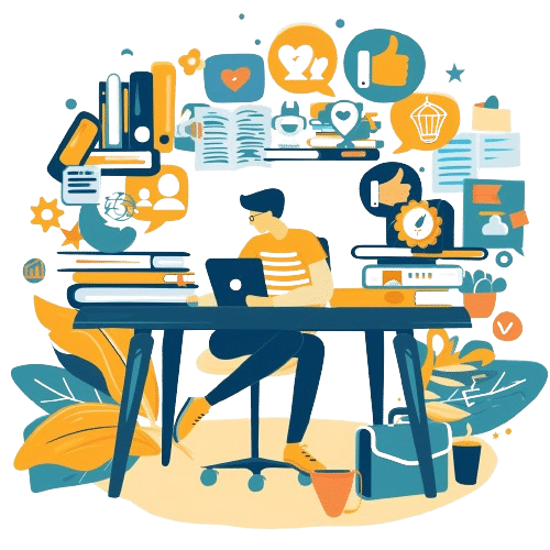 Graphic depicting a self-publishing writer using various online tools to edit, market, and sell books.